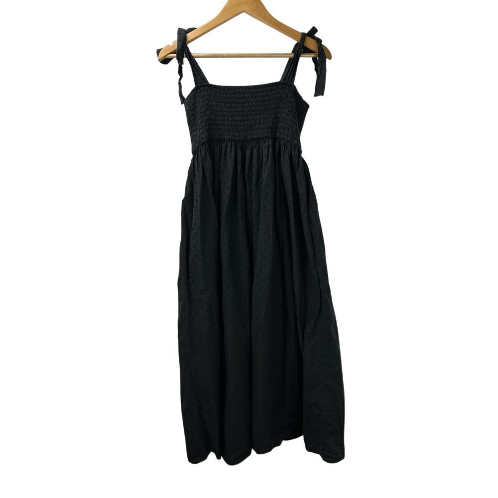 MARYSIA Resort Women’s Sz M Midi Smocked Swiss Dot Black Bow Tie Shoulder Dress - Picture 5 of 12
